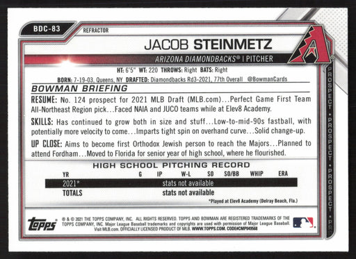 2021 Bowman Draft #BDC-83 Jacob Steinmetz Chrome Refractor