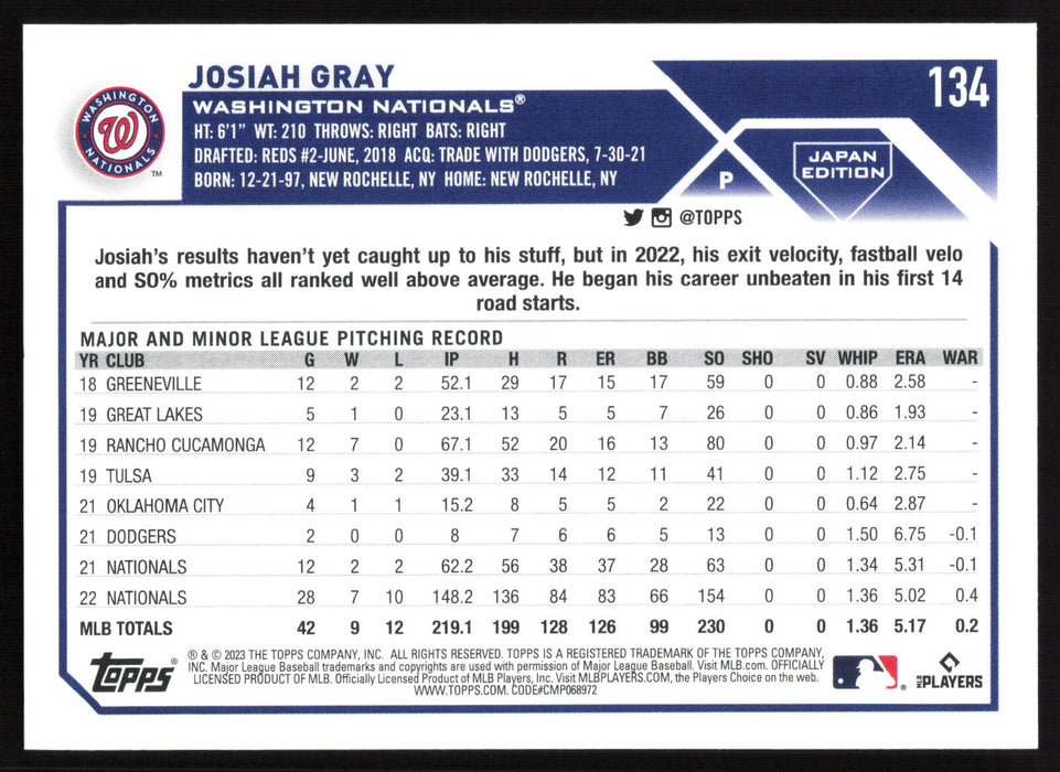 2023 Topps Japan Edition #134 Josiah Gray