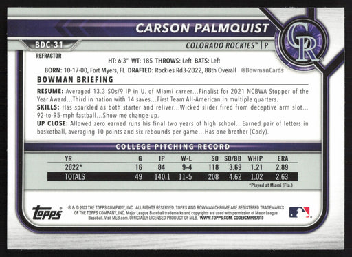 2022 Bowman Draft #BDC-31 Carson Palmquist Chrome Refractor