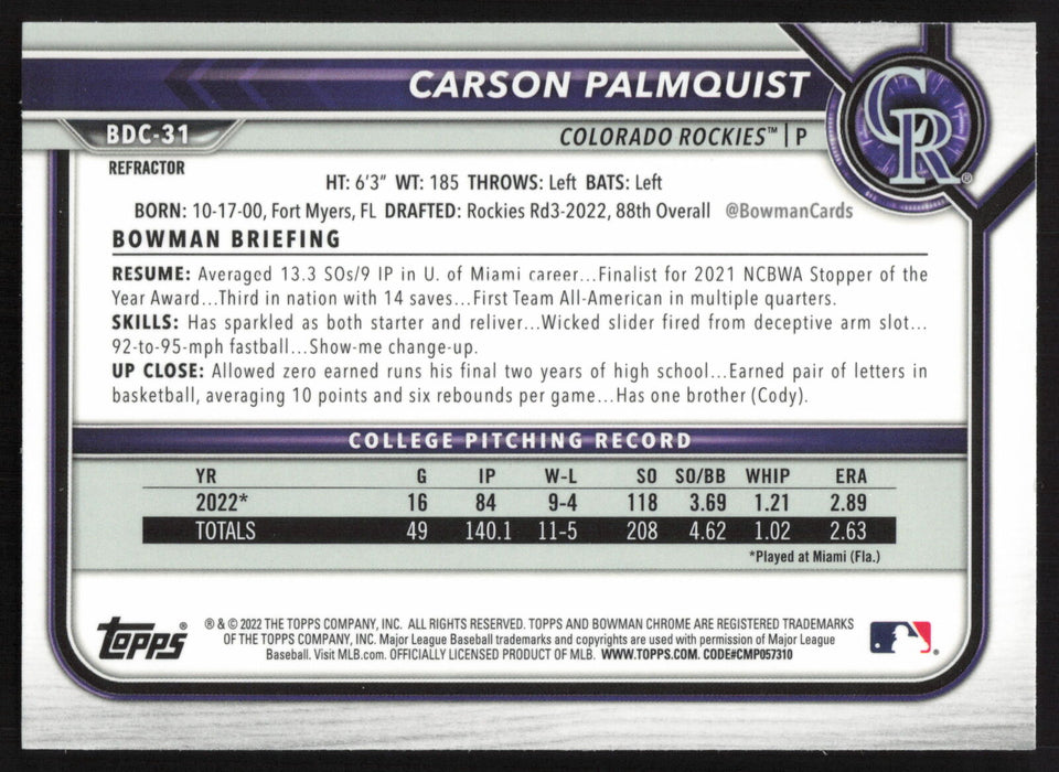 2022 Bowman Draft #BDC-31 Carson Palmquist Chrome Refractor