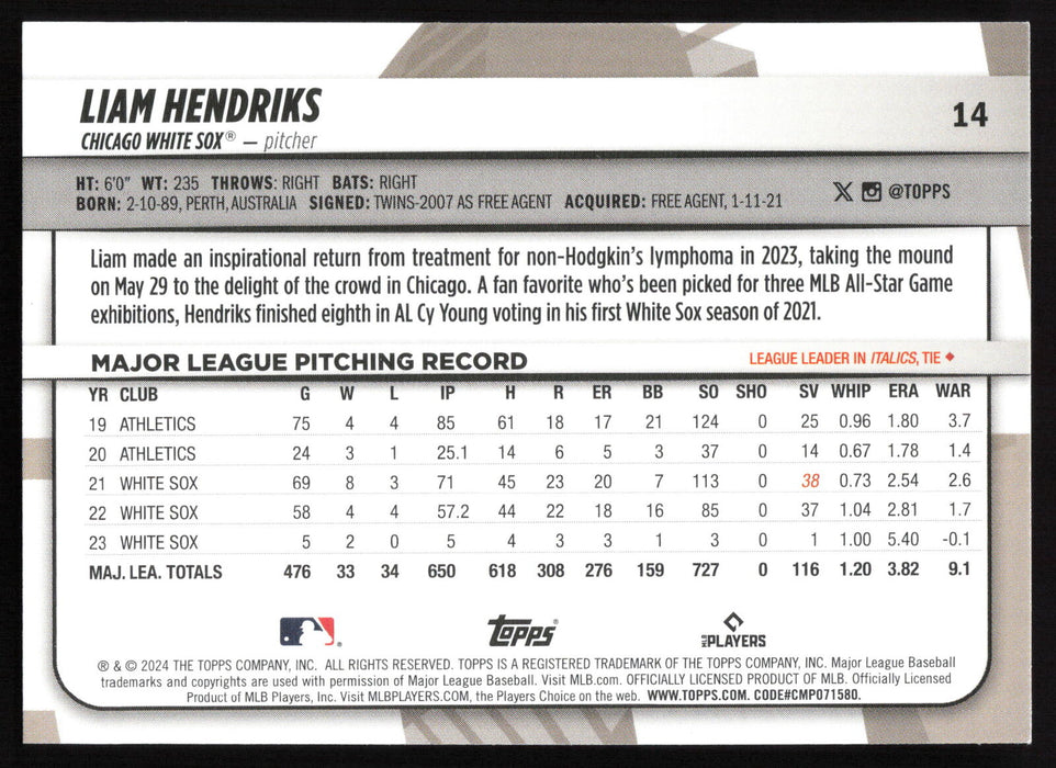 2024 Topps Big League #14 Liam Hendriks