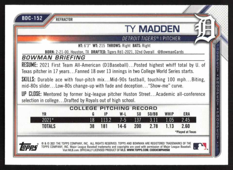 2021 Bowman Draft #BDC-152 Ty Madden Chrome Refractor