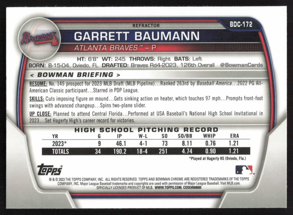 2023 Bowman Draft #BDC-172 Garrett Baumann Chrome Refractor