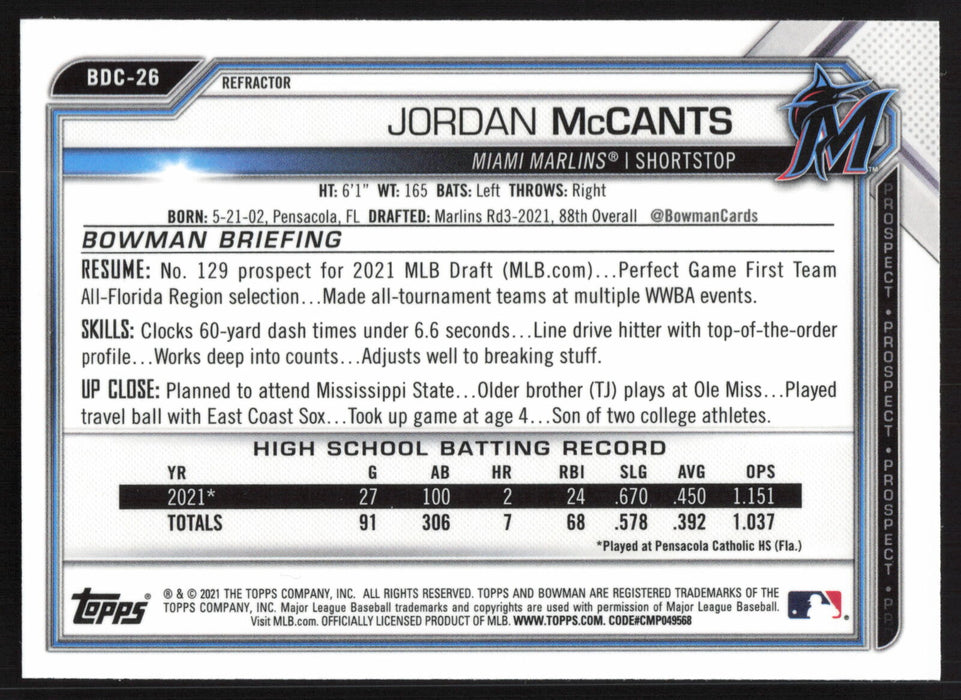 2021 Bowman Draft #BDC-26 Jordan McCants Chrome Refractor