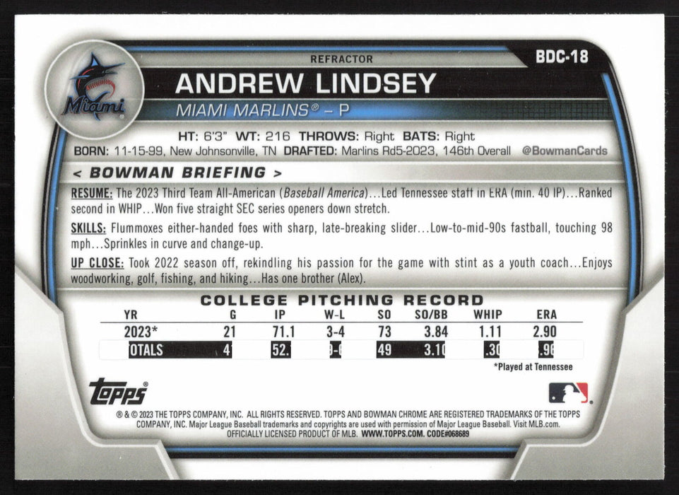 2023 Bowman Draft #BDC-18 Andrew Lindsey Chrome Refractor