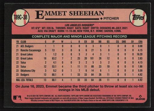 2024 Topps #T89C-38 Emmet Sheehan 1989 Topps Baseball 35th Anniversary Chrome