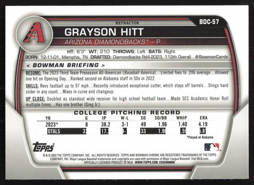 2023 Bowman Draft #BDC-57 Grayson Hitt Chrome Refractor