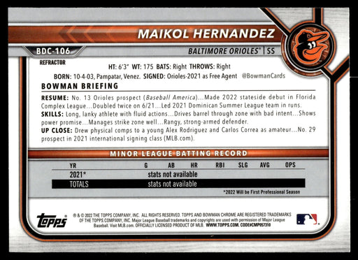 2022 Bowman Draft #BDC-106 Maikol Hernandez Chrome Refractor